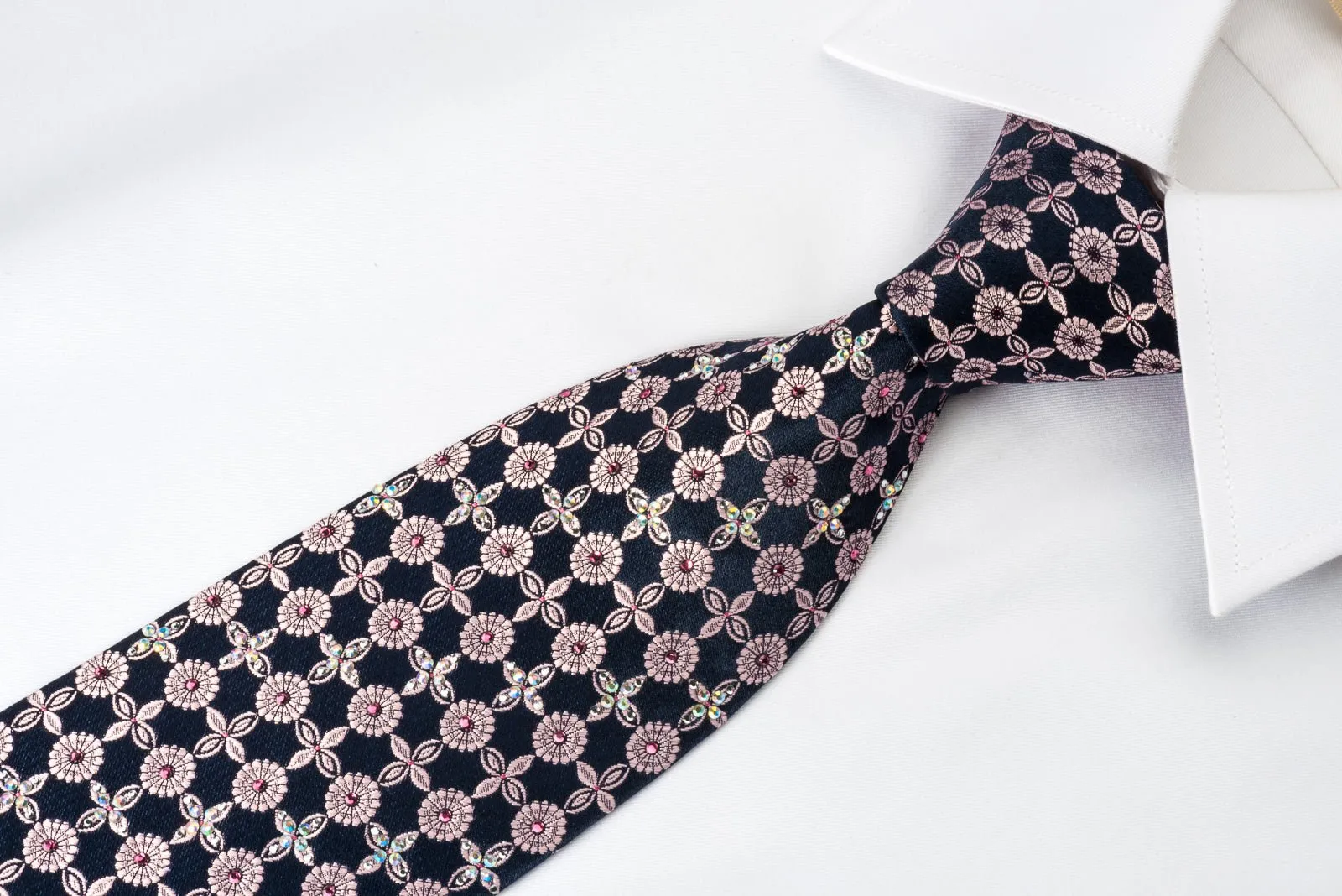 Daniel Hechter Silk Tie Floral Foulard On Blue With Rhinestones