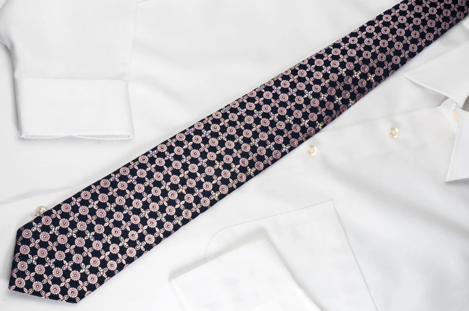 Daniel Hechter Silk Tie Floral Foulard On Blue With Rhinestones