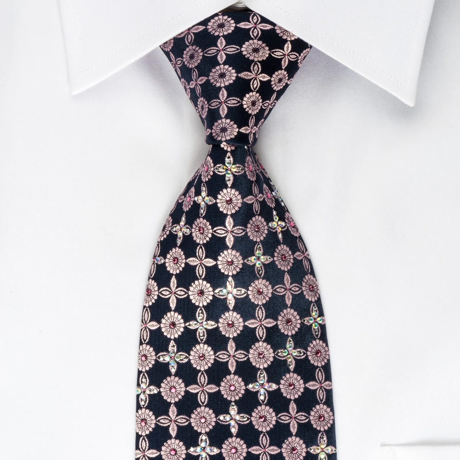 Daniel Hechter Silk Tie Floral Foulard On Blue With Rhinestones
