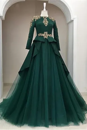 Dark Green Satin Tulle O Neck Long Sleeve Arabic Formal Prom Dress With Applique