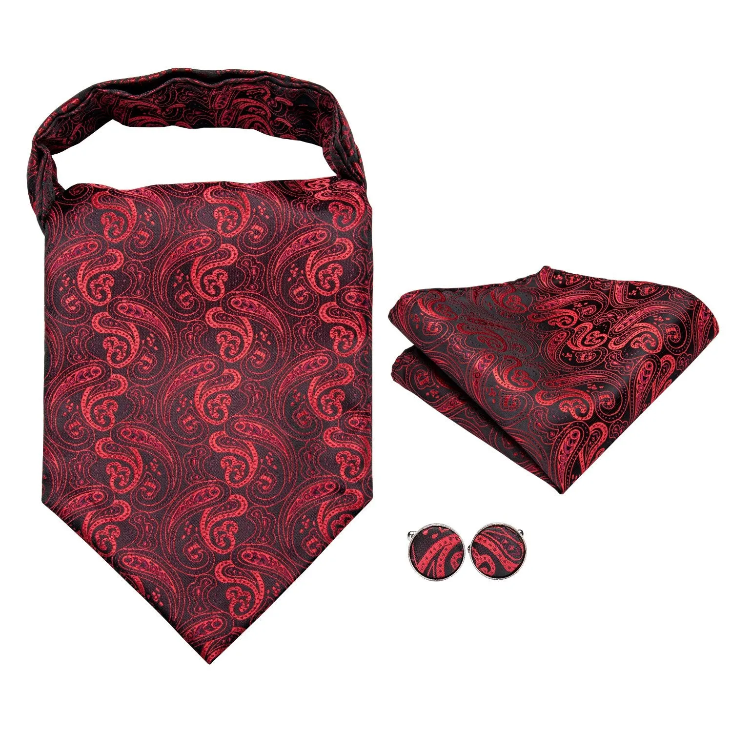 Dark Red Paisley Silk Ascot Tie Pocket Square Cufflinks Set