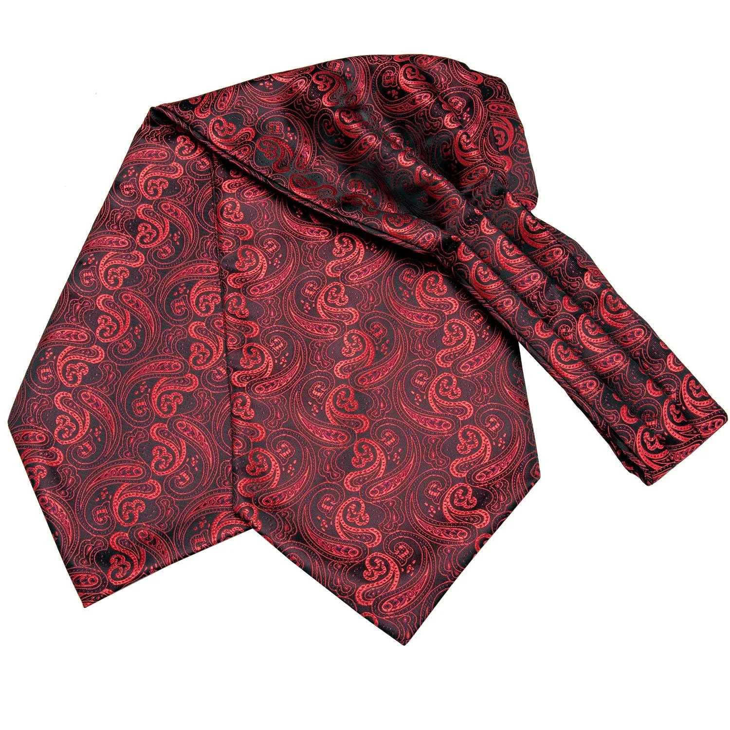 Dark Red Paisley Silk Ascot Tie Pocket Square Cufflinks Set