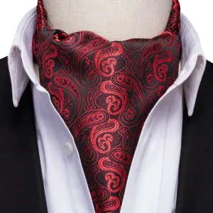 Dark Red Paisley Silk Ascot Tie Pocket Square Cufflinks Set