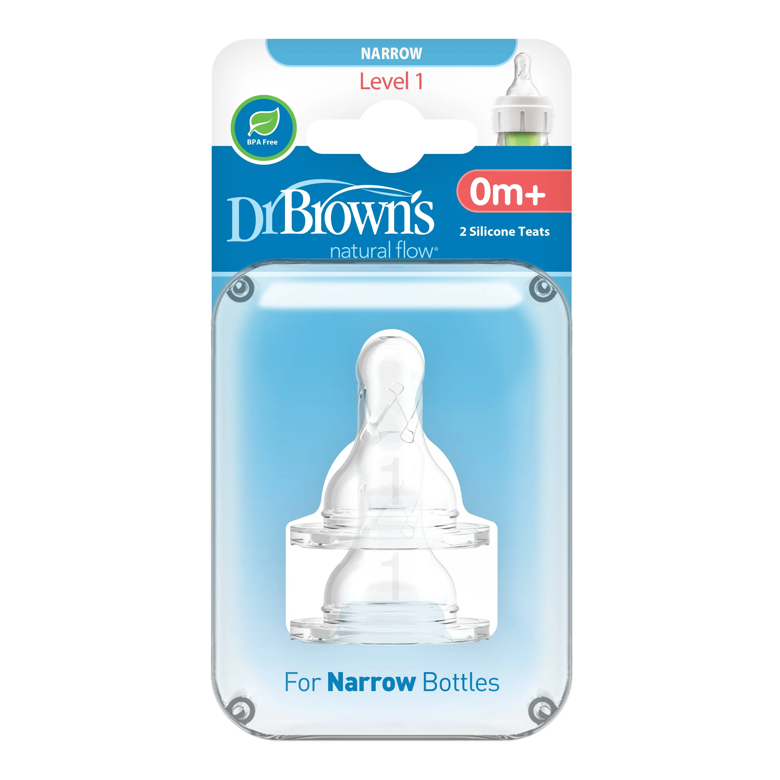 Dr. Brown'S Level 1 Silicone Narrow Nipple, 2-Pack Transparent Birth  to 3M