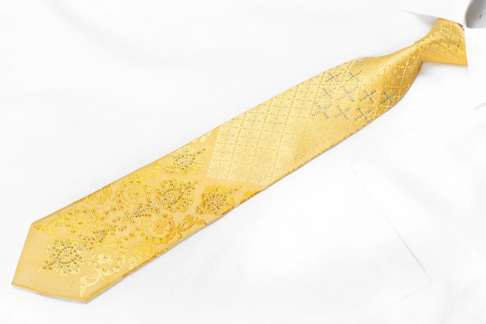 Elegance Men's Crystal Rhinestone Silk Necktie Damask On Yellow With Gold Sparkles