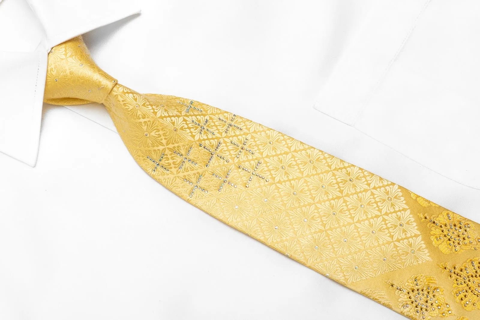 Elegance Men's Crystal Rhinestone Silk Necktie Damask On Yellow With Gold Sparkles