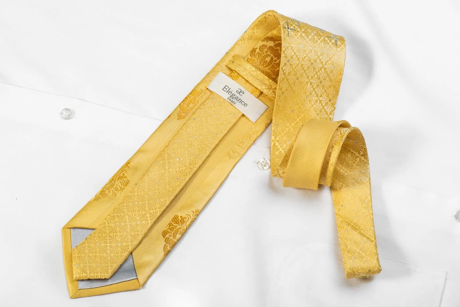 Elegance Men's Crystal Rhinestone Silk Necktie Damask On Yellow With Gold Sparkles