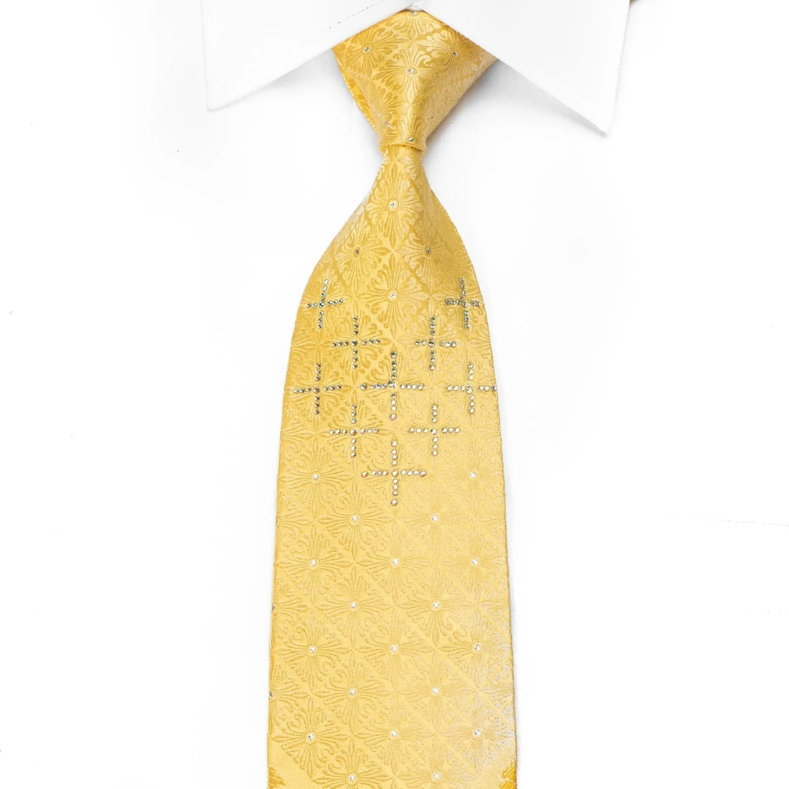 Elegance Men's Crystal Rhinestone Silk Necktie Damask On Yellow With Gold Sparkles