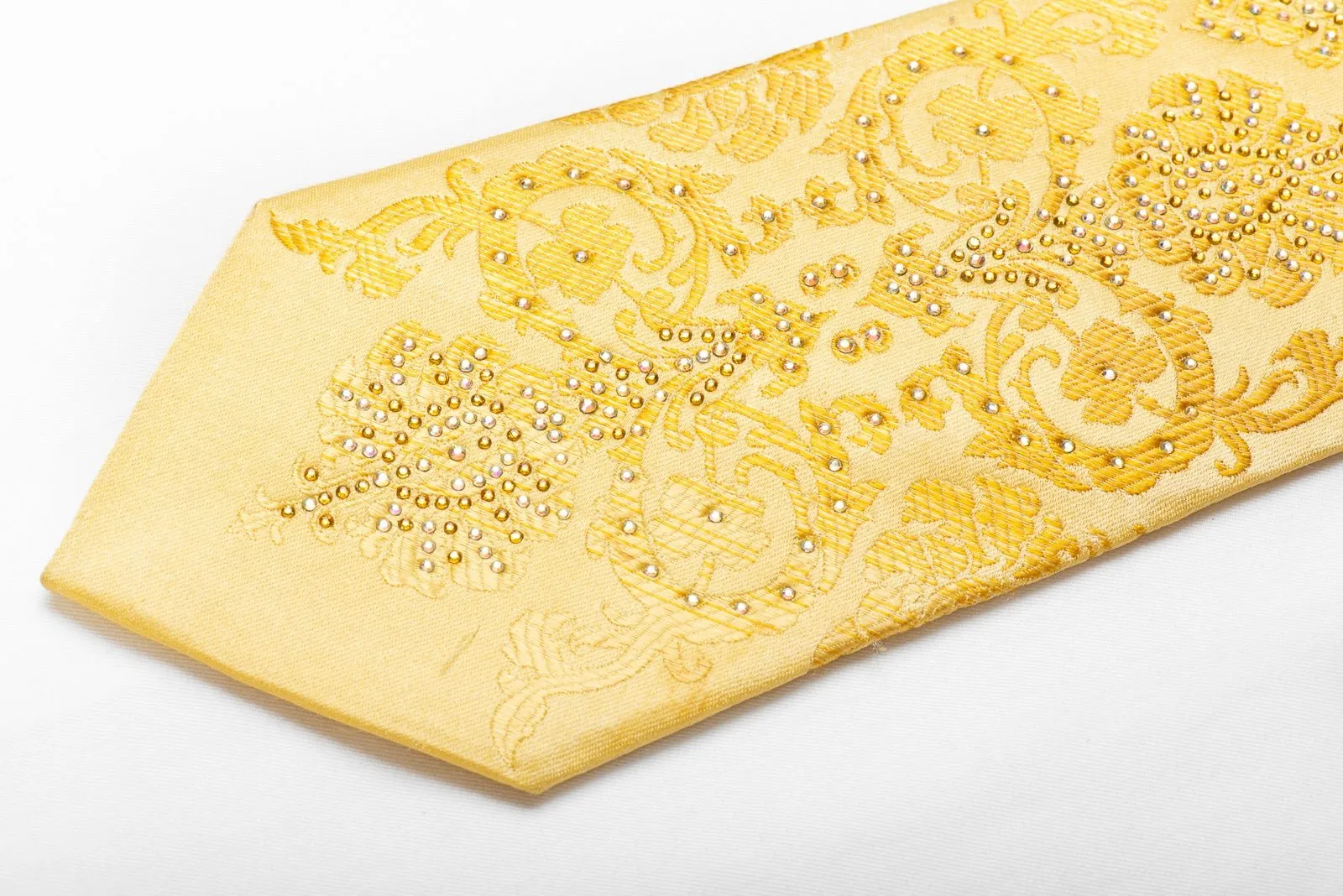 Elegance Men's Crystal Rhinestone Silk Necktie Damask On Yellow With Gold Sparkles