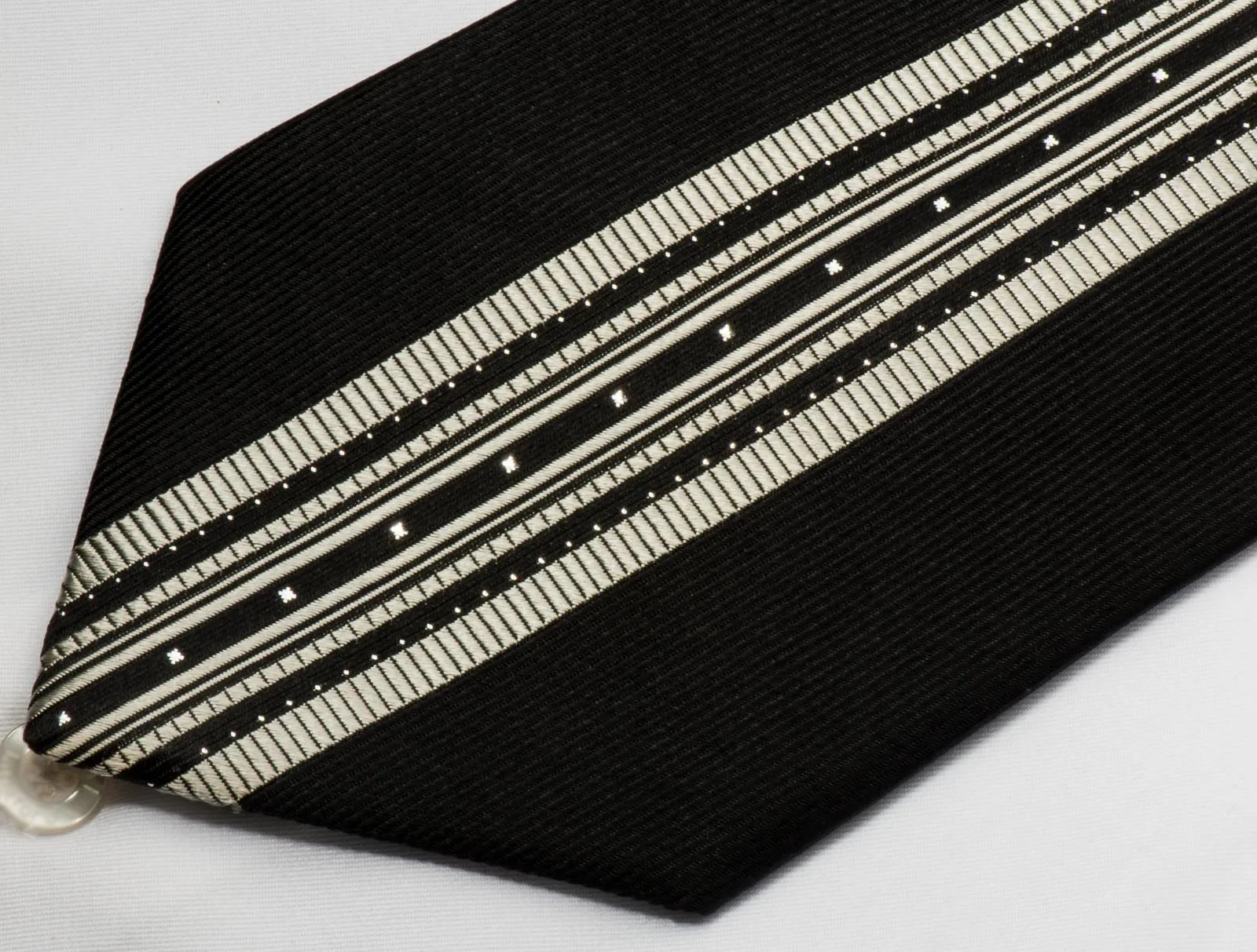 Elegance Silk Necktie Silver Stripes On Black With White Crystal Rhinestones & Silver Sparkles