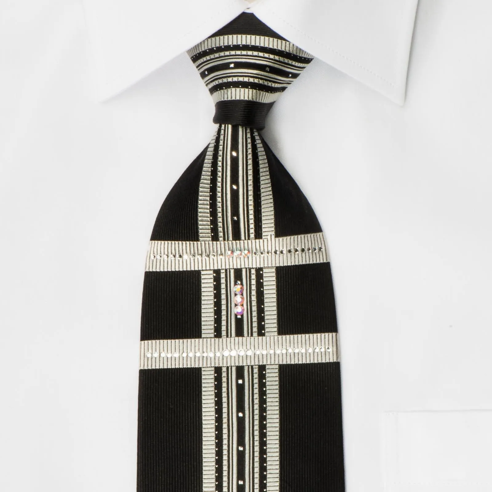 Elegance Silk Necktie Silver Stripes On Black With White Crystal Rhinestones & Silver Sparkles