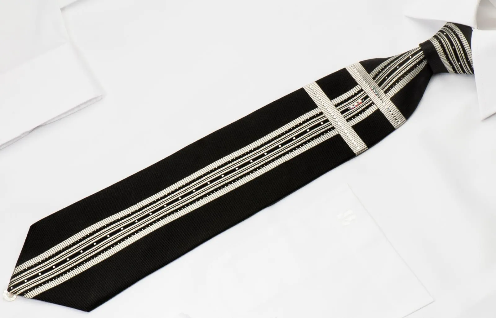 Elegance Silk Necktie Silver Stripes On Black With White Crystal Rhinestones & Silver Sparkles