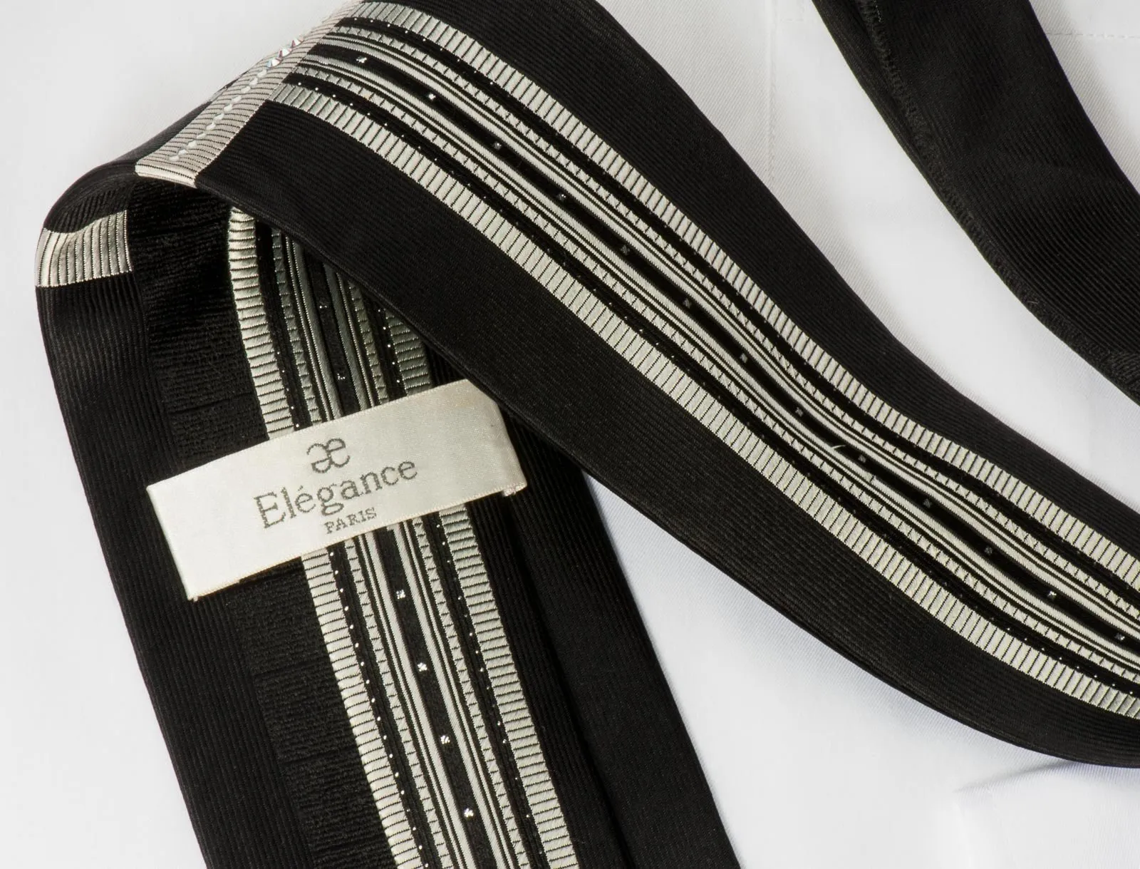 Elegance Silk Necktie Silver Stripes On Black With White Crystal Rhinestones & Silver Sparkles