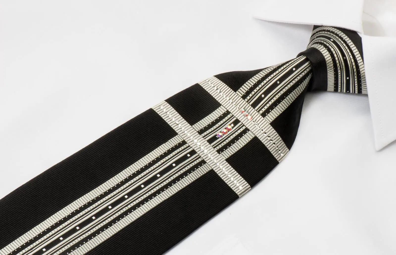 Elegance Silk Necktie Silver Stripes On Black With White Crystal Rhinestones & Silver Sparkles