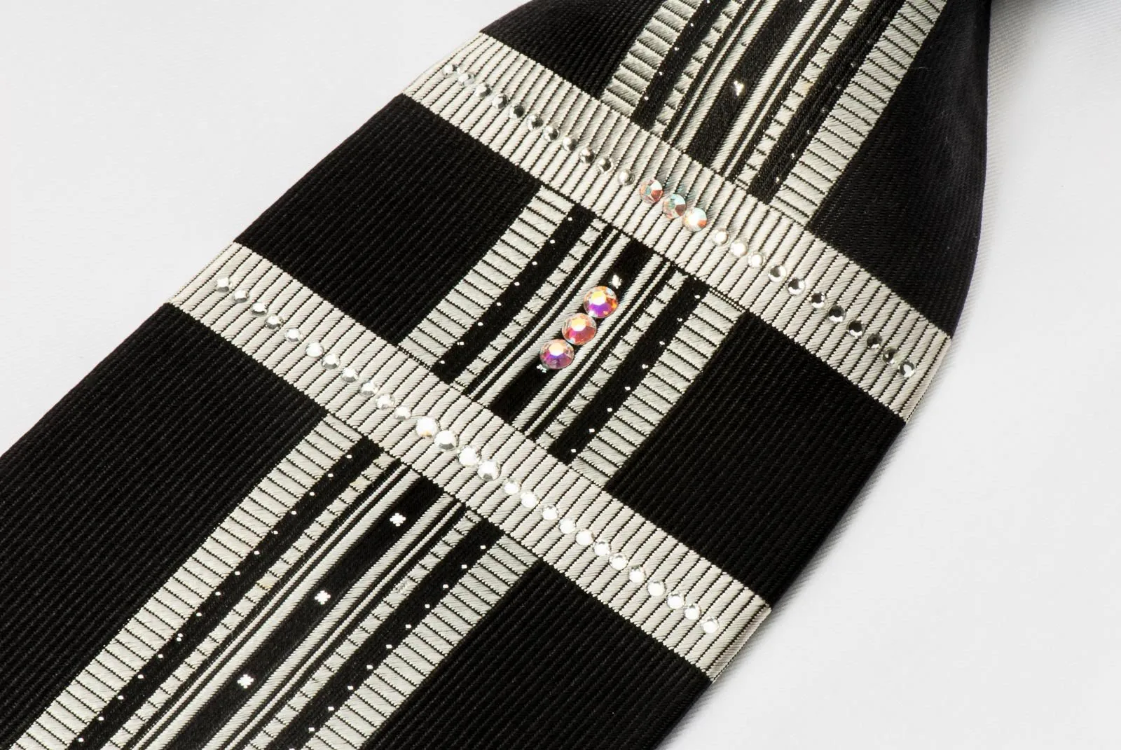 Elegance Silk Necktie Silver Stripes On Black With White Crystal Rhinestones & Silver Sparkles