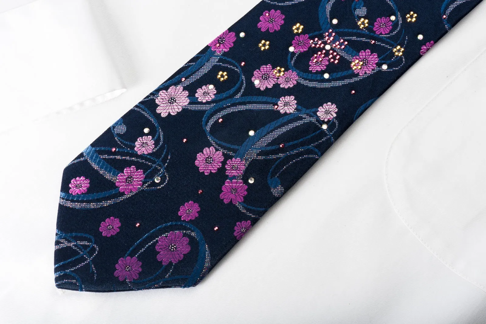 Elegance Silk Rhinestone Necktie Floral On Blue With Silver Sparkles