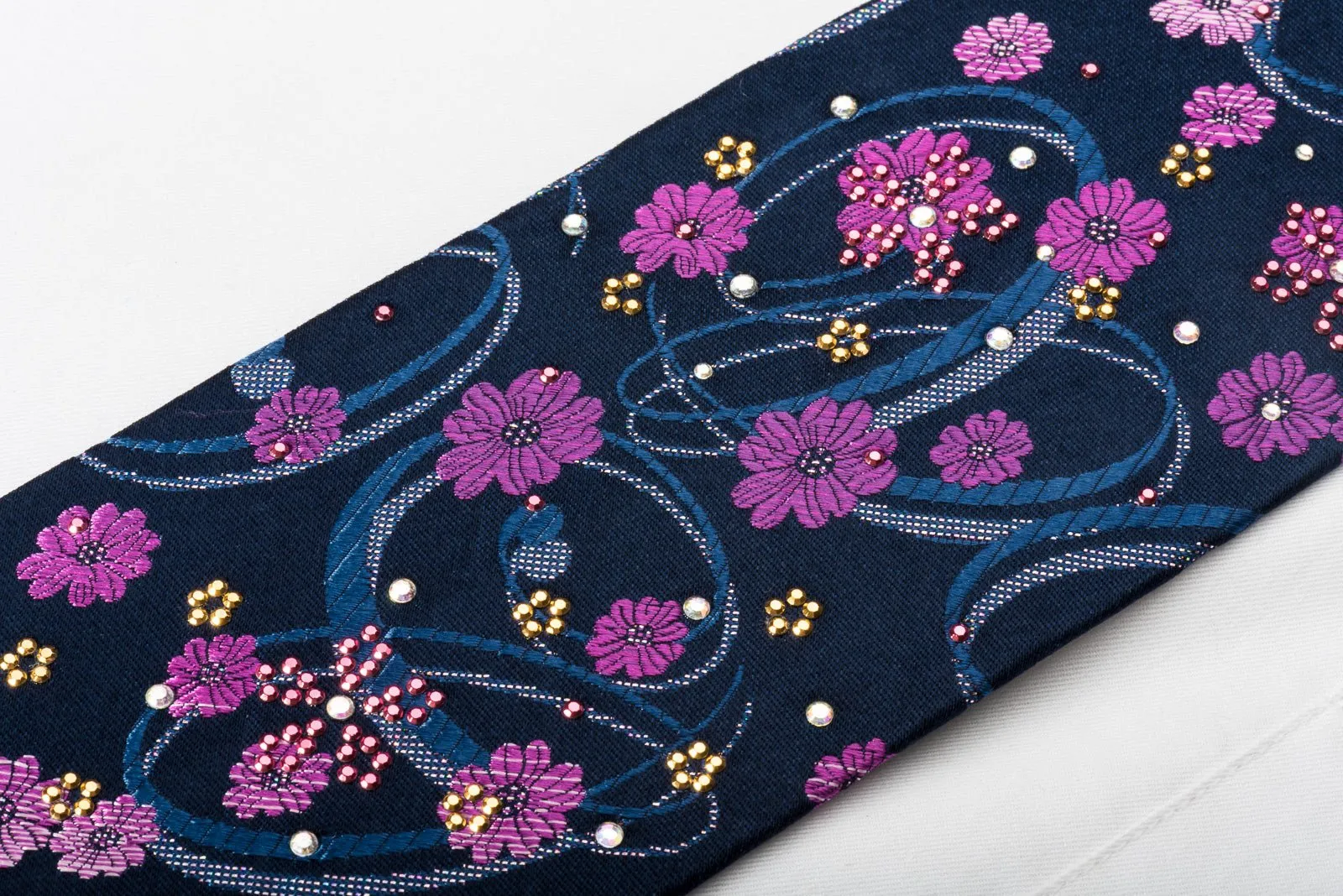 Elegance Silk Rhinestone Necktie Floral On Blue With Silver Sparkles