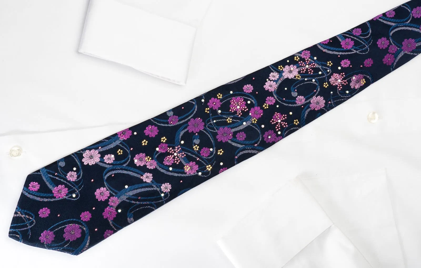 Elegance Silk Rhinestone Necktie Floral On Blue With Silver Sparkles