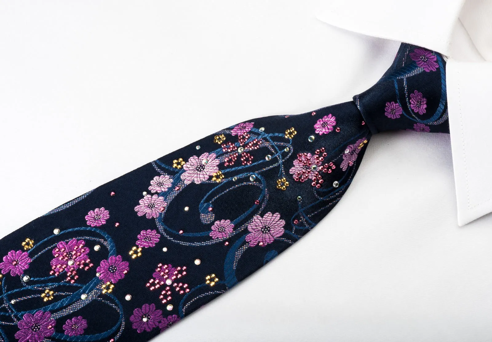 Elegance Silk Rhinestone Necktie Floral On Blue With Silver Sparkles