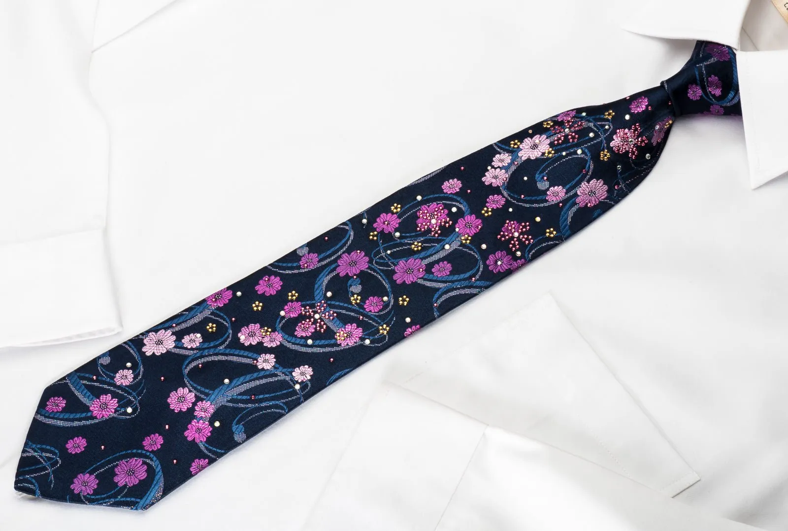 Elegance Silk Rhinestone Necktie Floral On Blue With Silver Sparkles
