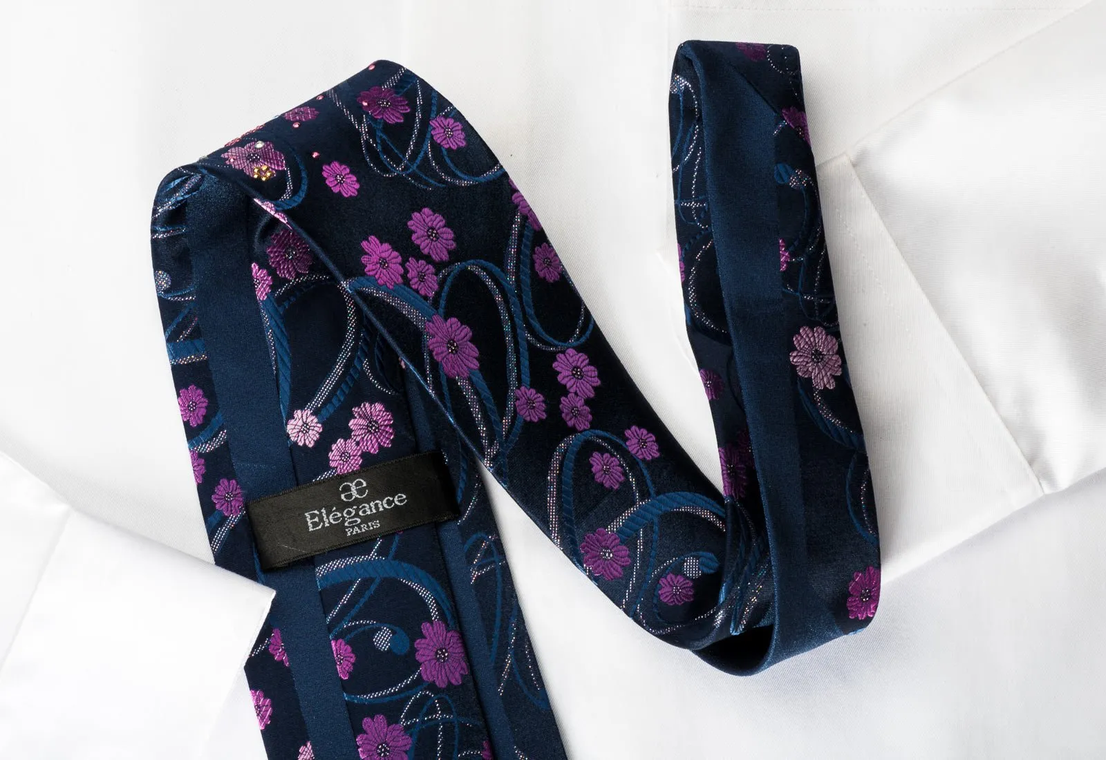 Elegance Silk Rhinestone Necktie Floral On Blue With Silver Sparkles