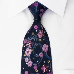 Elegance Silk Rhinestone Necktie Floral On Blue With Silver Sparkles