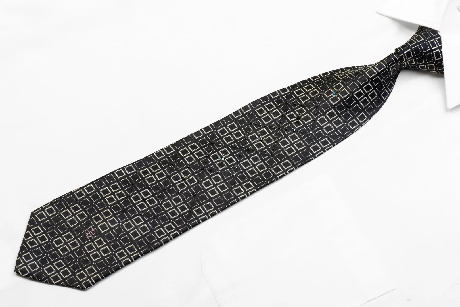 Elegance Silk Tie Silver Squares On Black With Sparkles