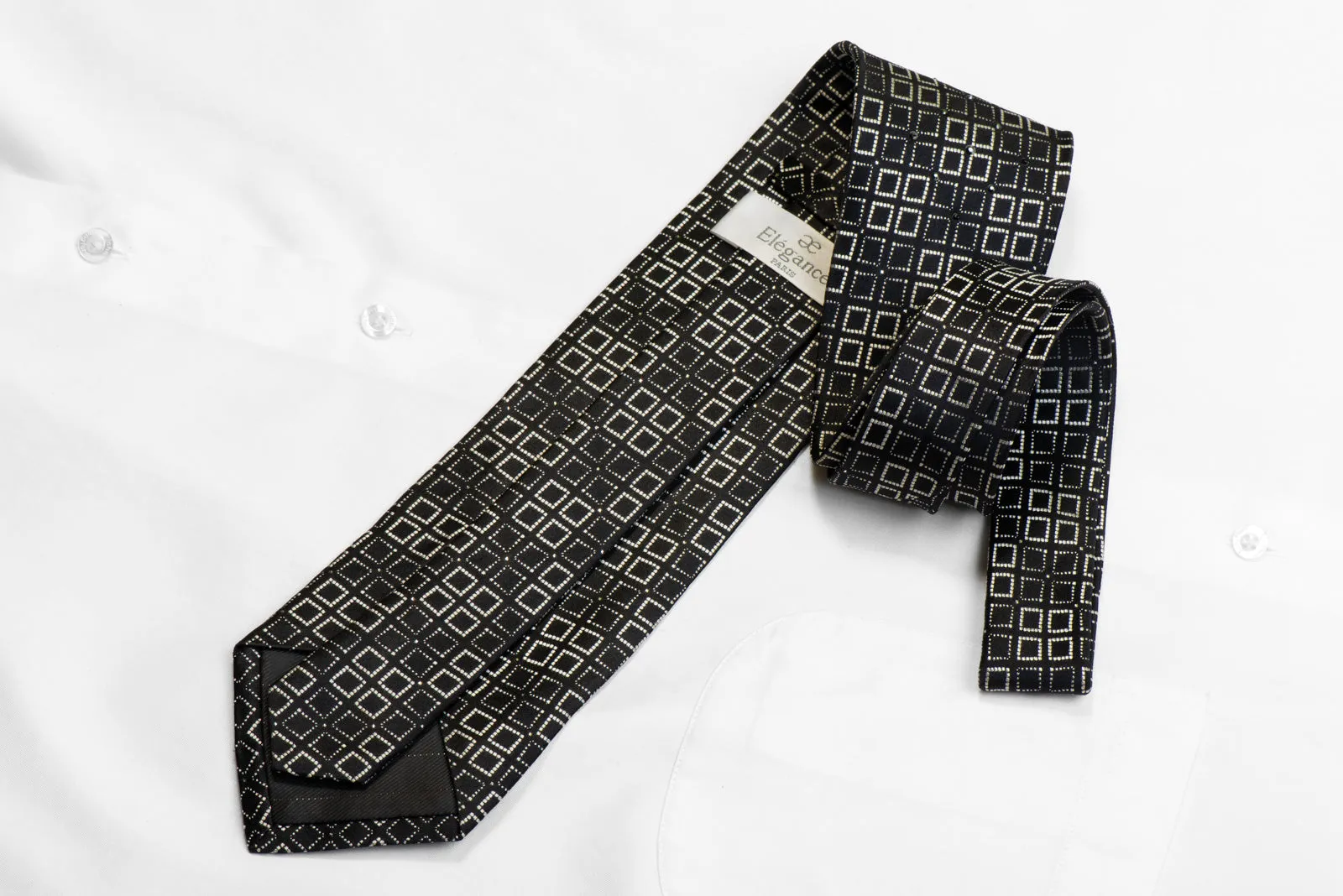 Elegance Silk Tie Silver Squares On Black With Sparkles
