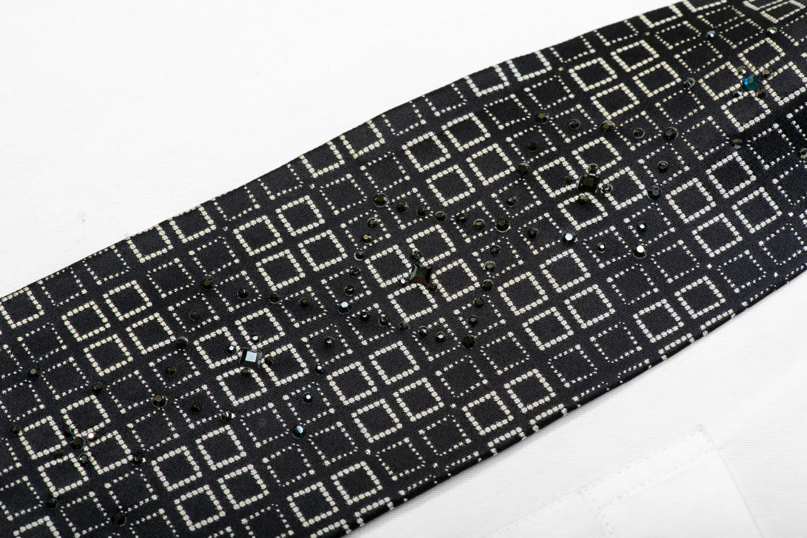 Elegance Silk Tie Silver Squares On Black With Sparkles