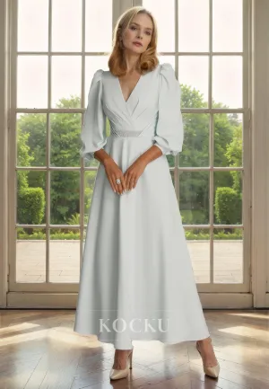 Elegant & Simple V-Neck Long sleeves A-Line Satin Cocktail Mother of the Bride Dress