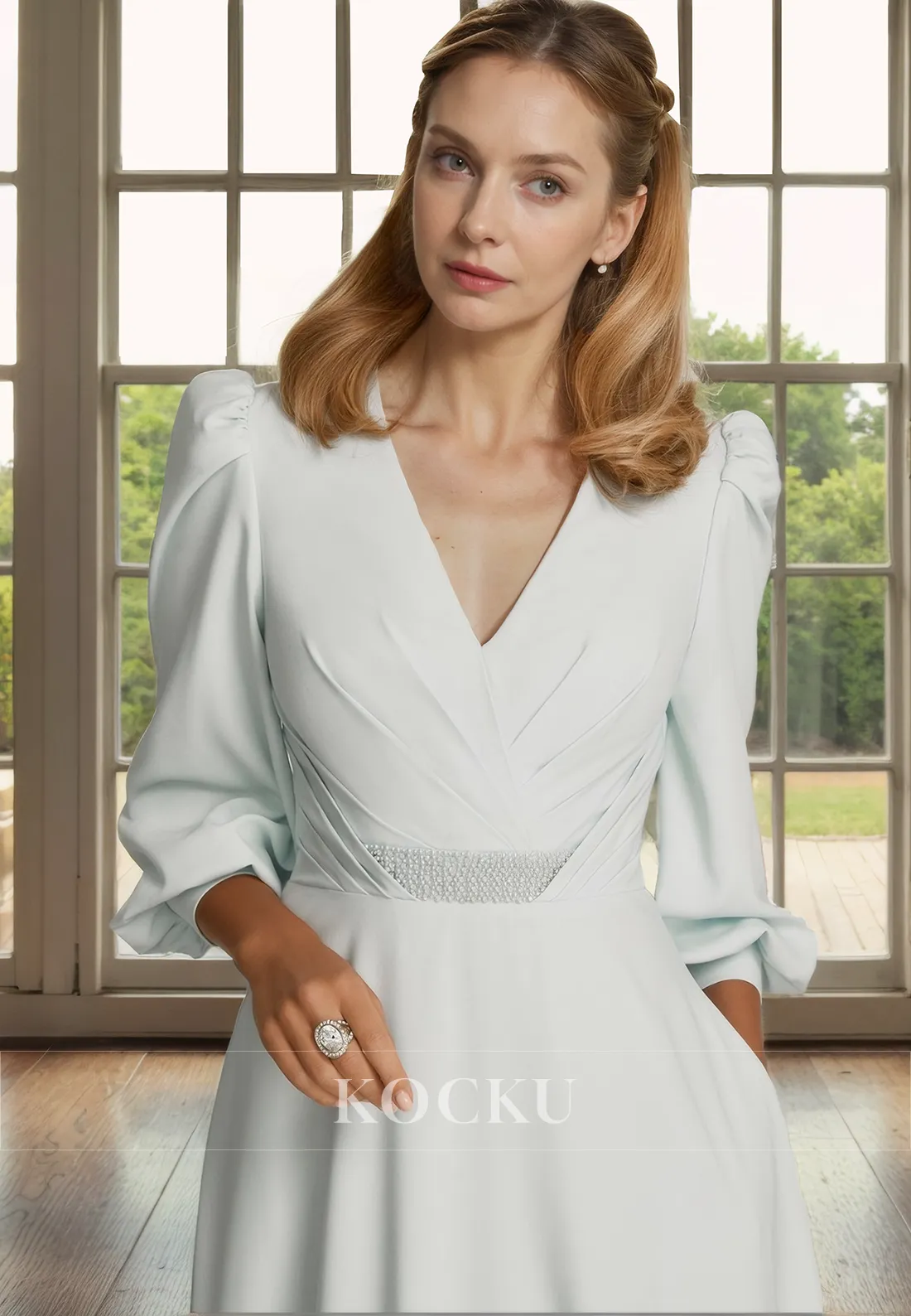 Elegant & Simple V-Neck Long sleeves A-Line Satin Cocktail Mother of the Bride Dress