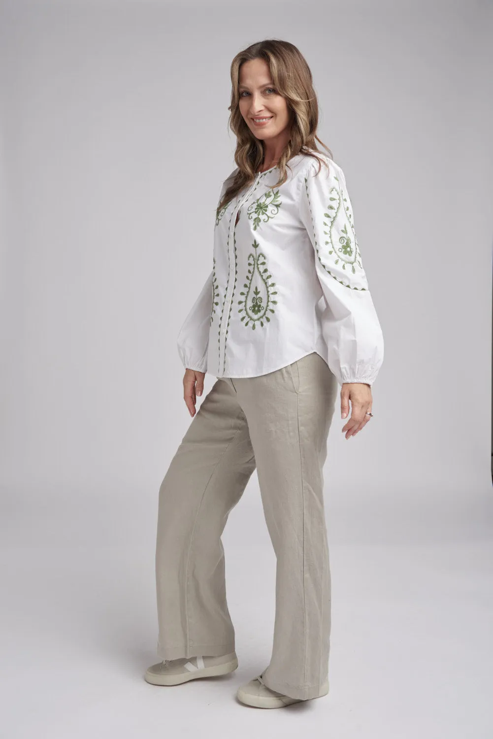 Embroidered Button Through Top White/Pistachio