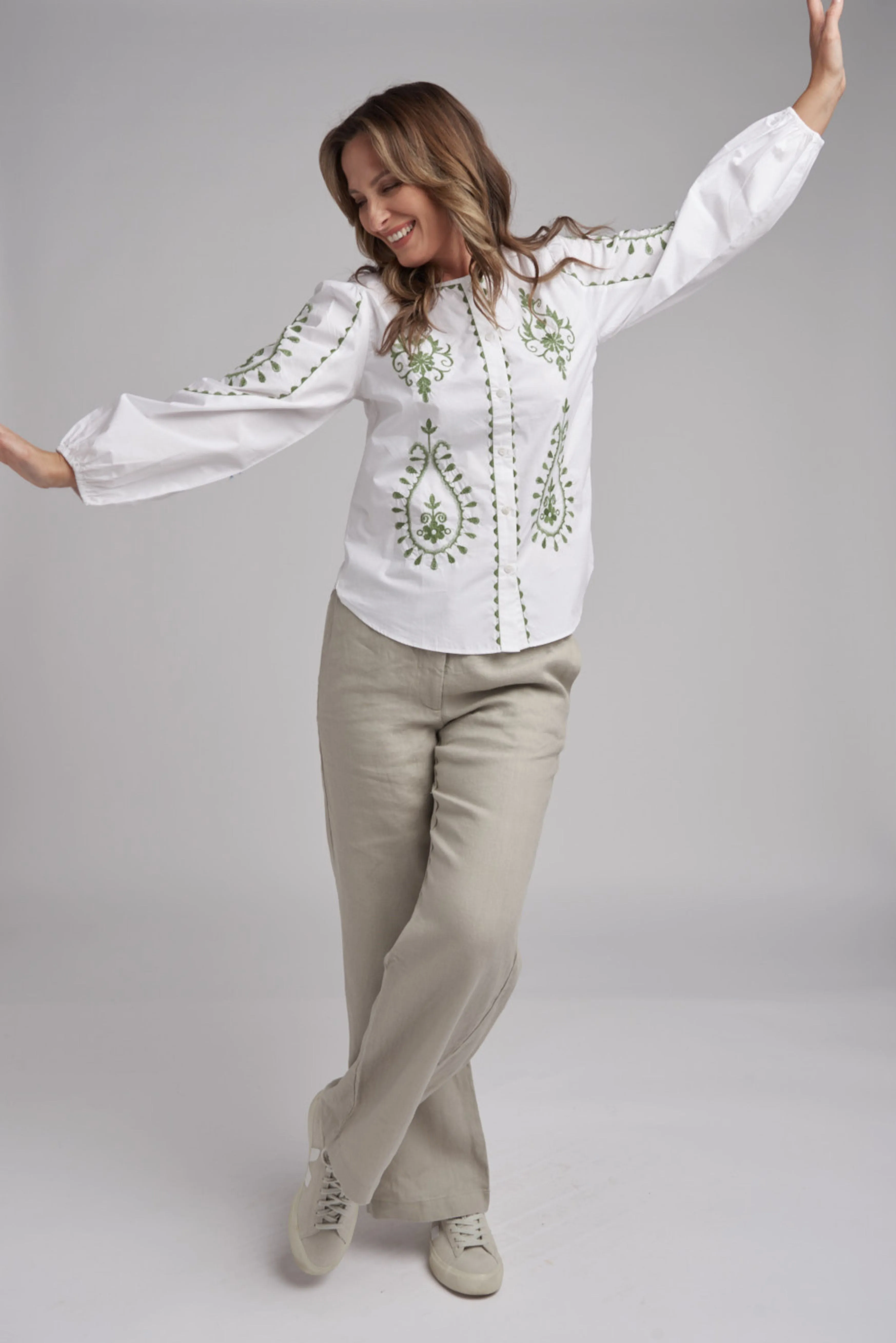 Embroidered Button Through Top White/Pistachio