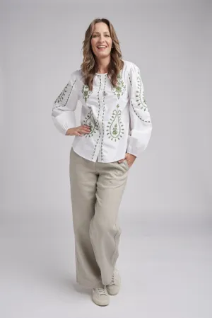 Embroidered Button Through Top White/Pistachio
