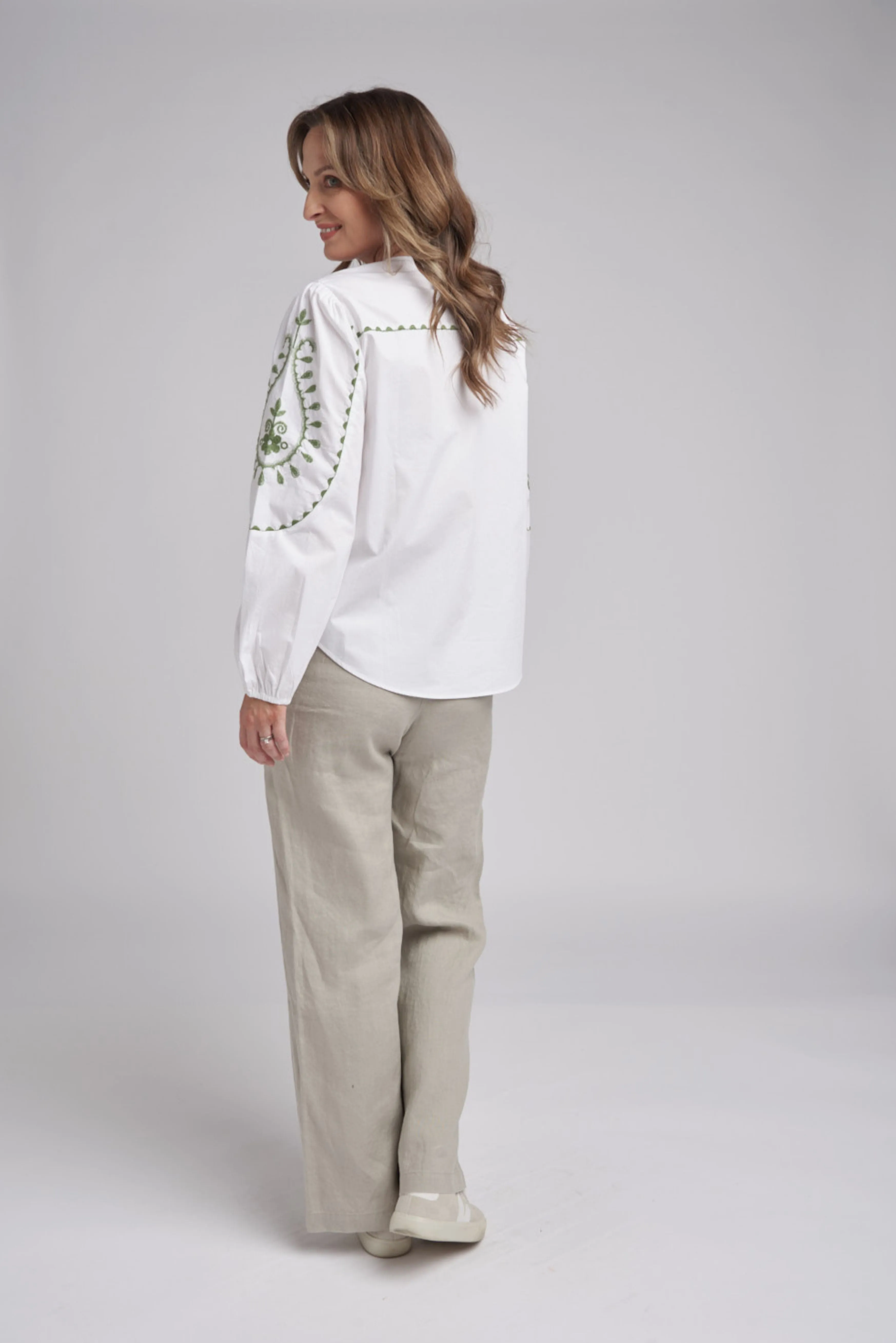 Embroidered Button Through Top White/Pistachio