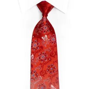 Floral & Butterflies on Red Rhinestone Silk Tie With Silver Sparkles