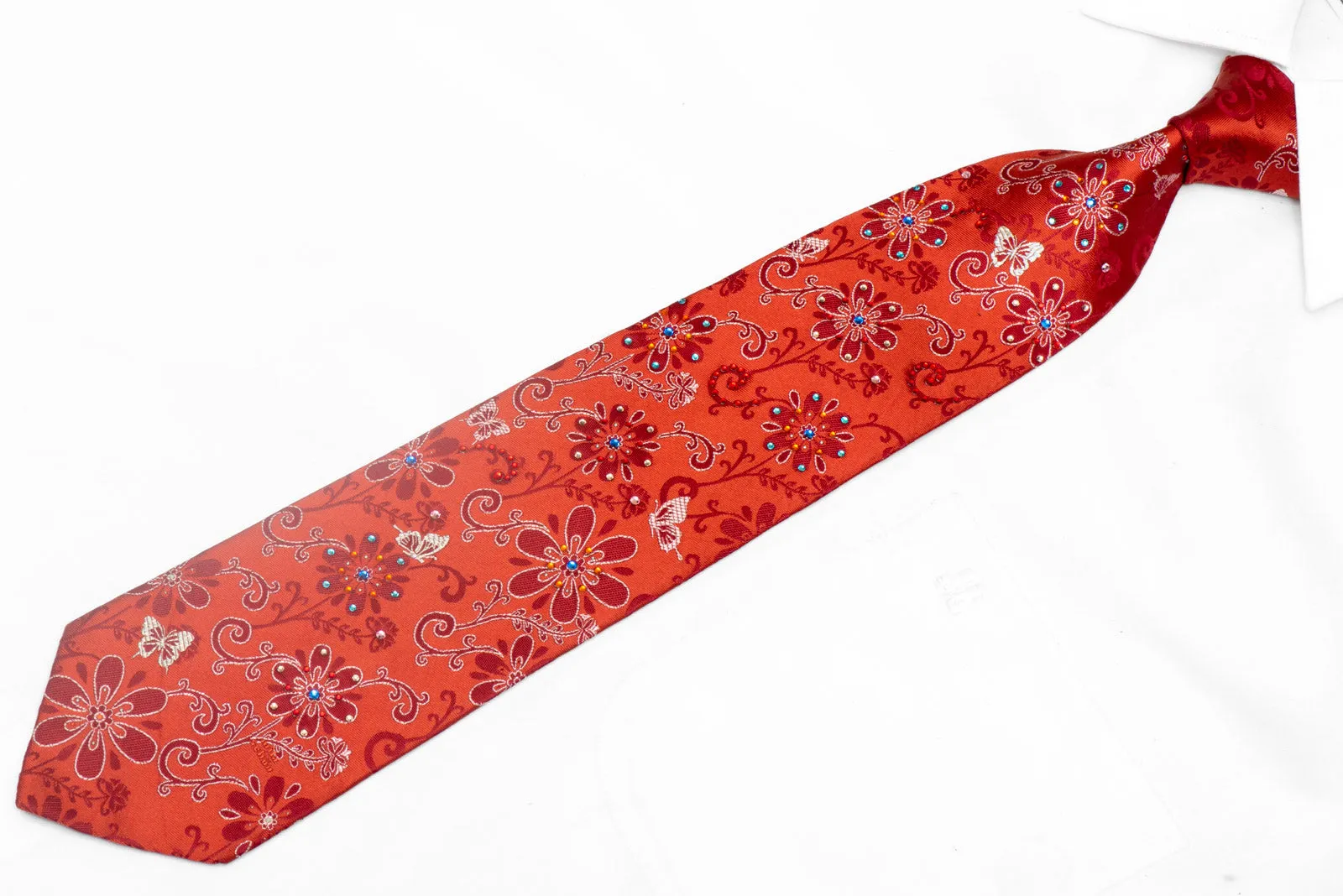 Floral & Butterflies on Red Rhinestone Silk Tie With Silver Sparkles