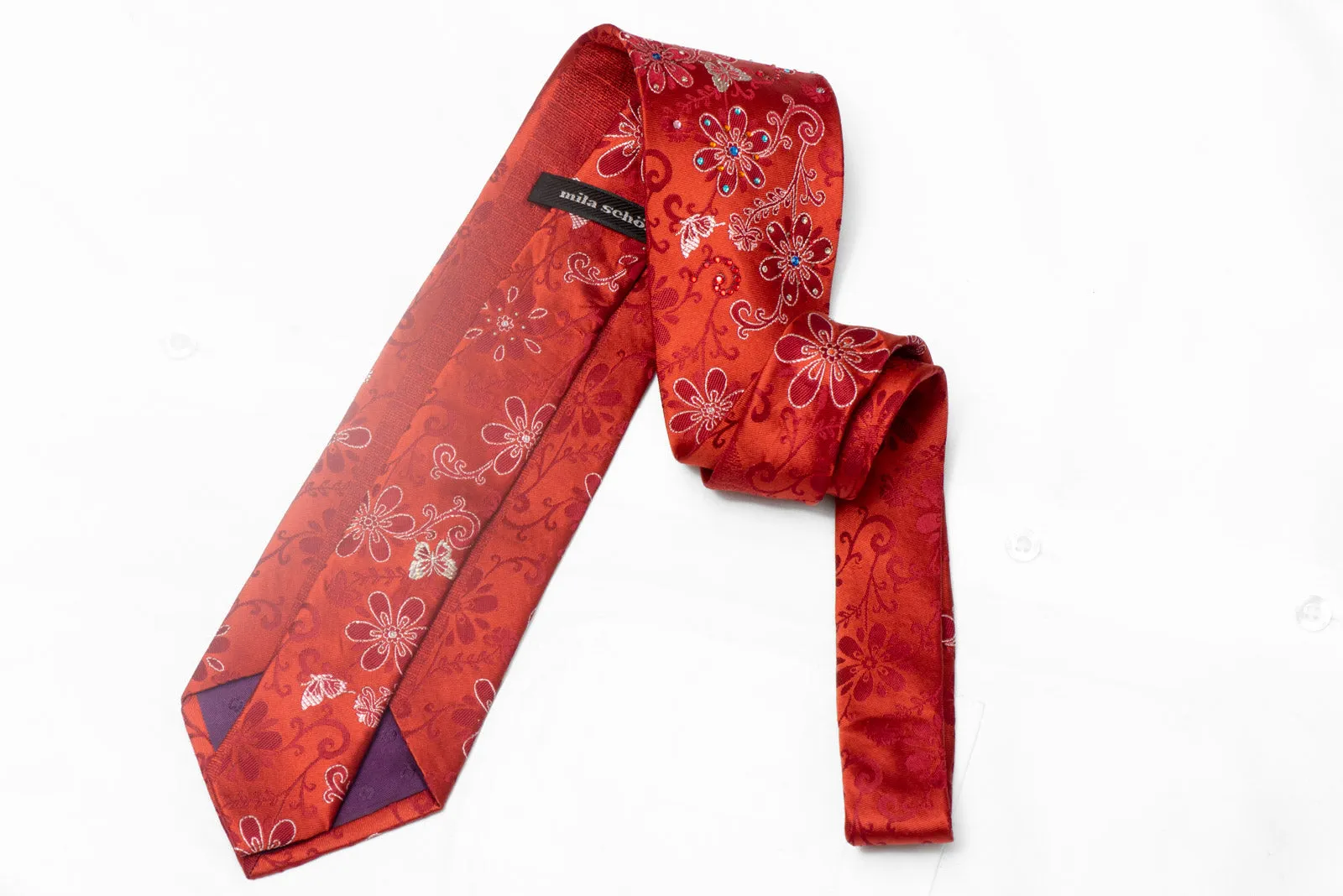 Floral & Butterflies on Red Rhinestone Silk Tie With Silver Sparkles