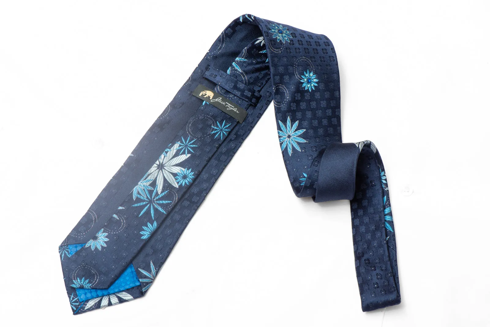 Floral On Blue Rhinestone Silk Necktie With Silver Sparkles