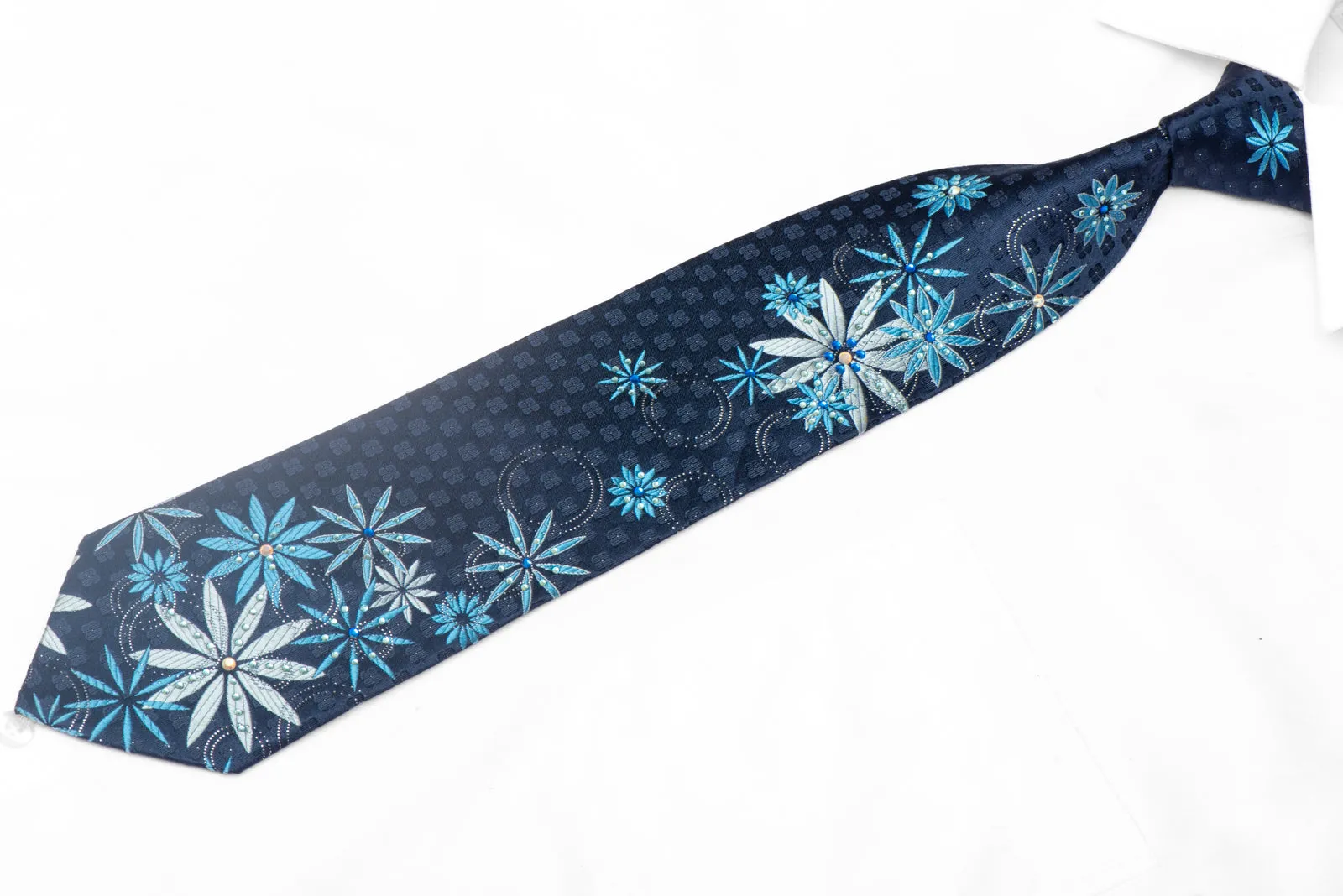 Floral On Blue Rhinestone Silk Necktie With Silver Sparkles