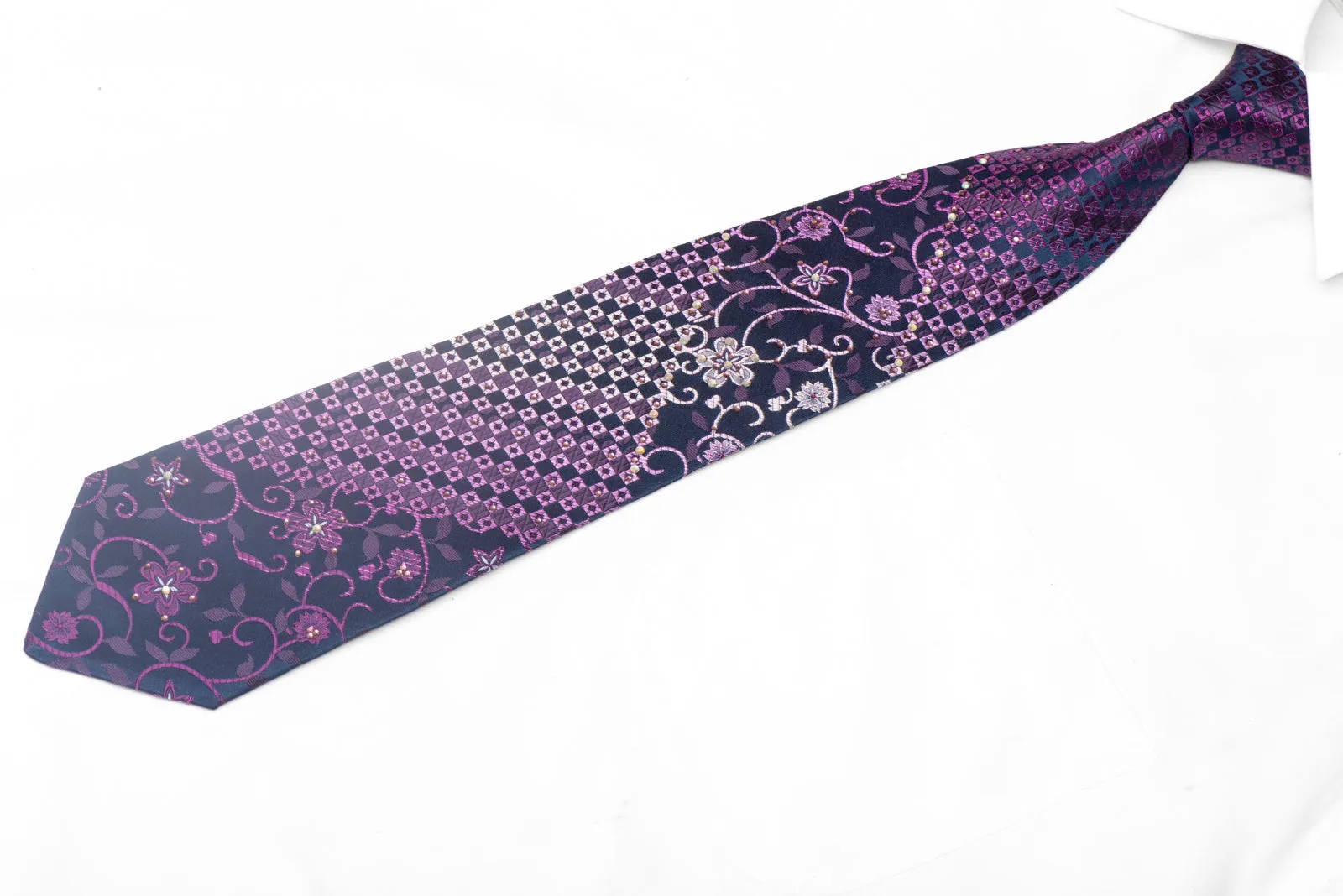 Floral On Navy Rhinestone Silk Necktie With Silver Sparkles