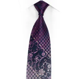 Floral On Navy Rhinestone Silk Necktie With Silver Sparkles