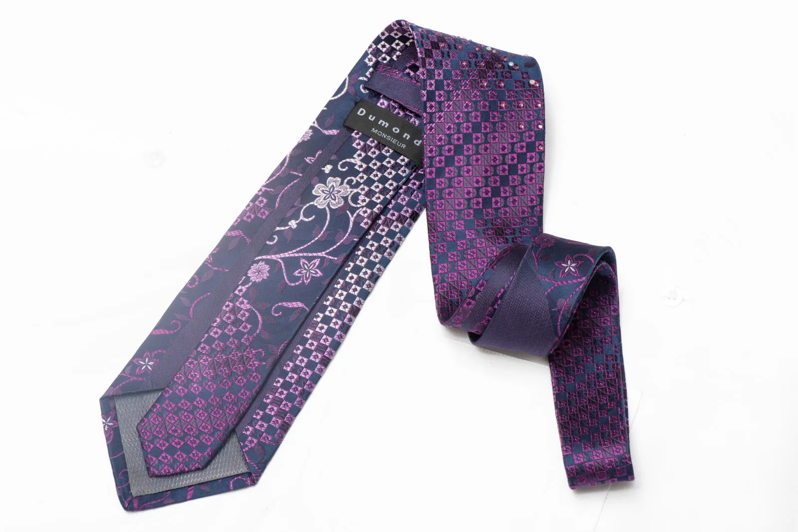 Floral On Navy Rhinestone Silk Necktie With Silver Sparkles