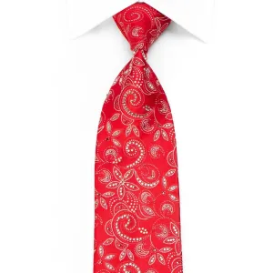 Floral On Red Men's Crystal Silk Necktie With Silver Sparkles