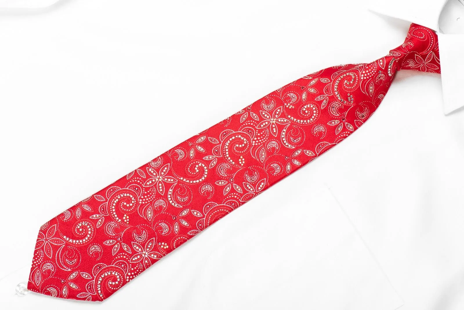 Floral On Red Men's Crystal Silk Necktie With Silver Sparkles