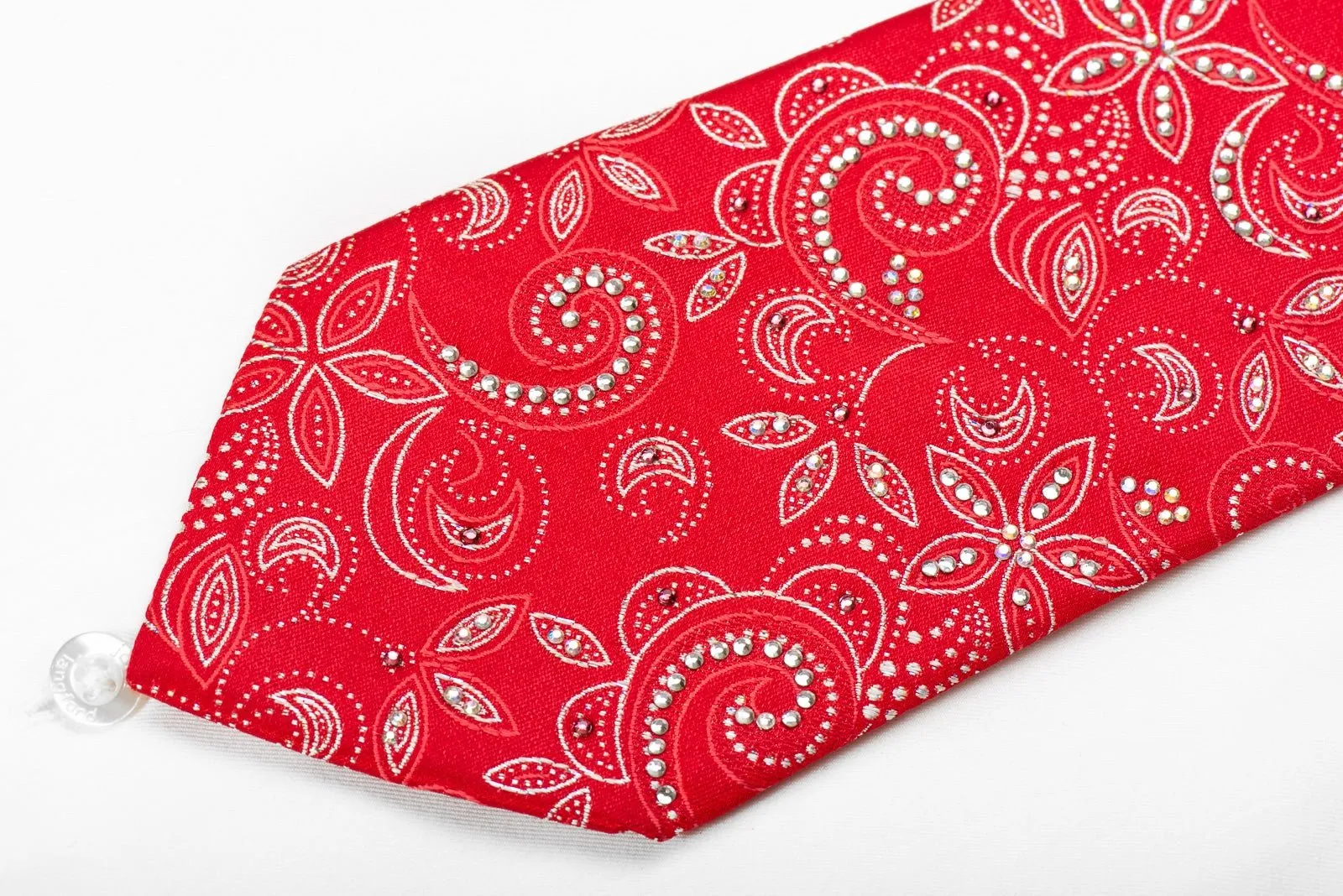 Floral On Red Men's Crystal Silk Necktie With Silver Sparkles