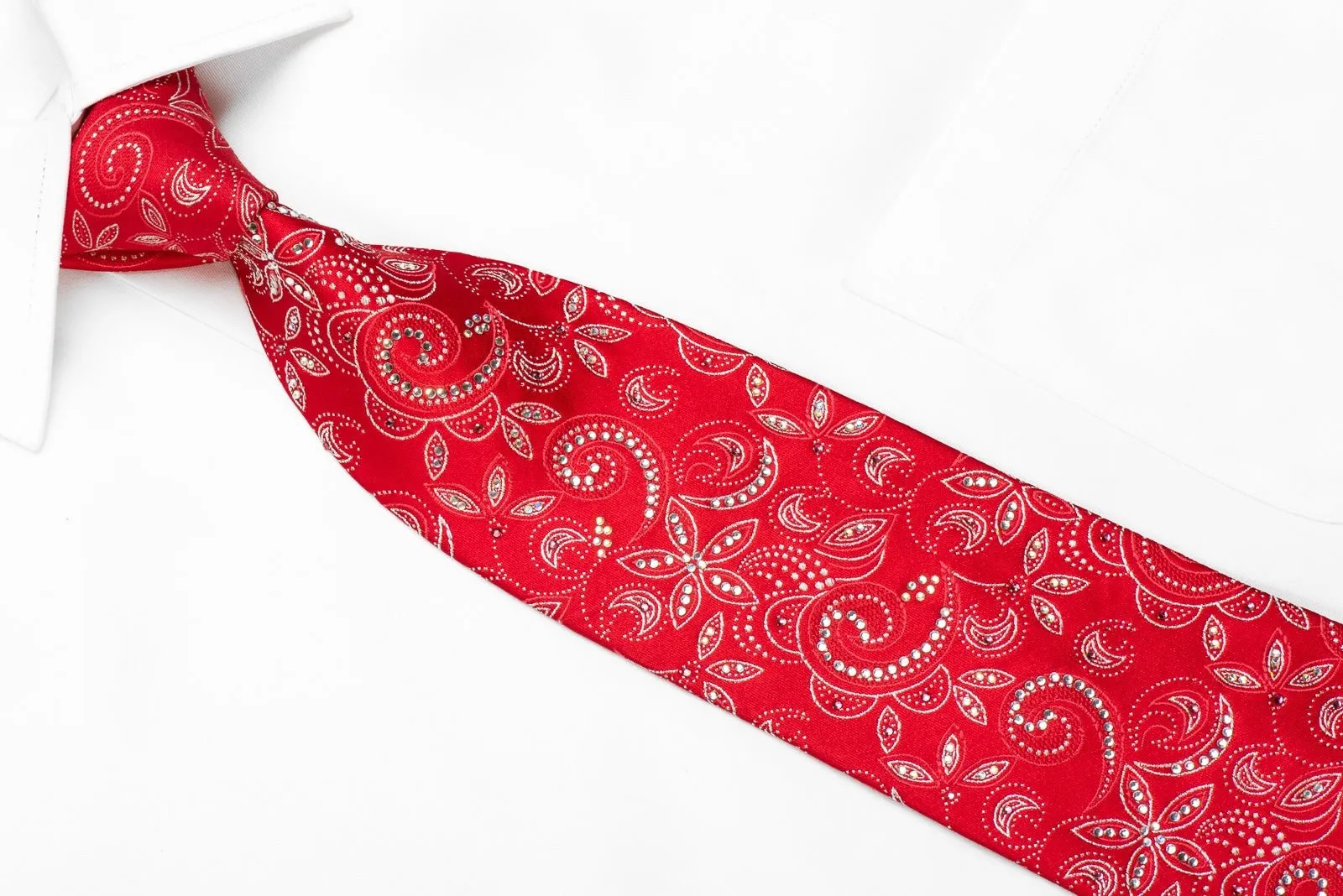 Floral On Red Men's Crystal Silk Necktie With Silver Sparkles