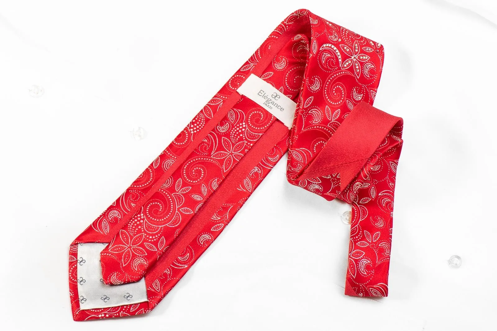 Floral On Red Men's Crystal Silk Necktie With Silver Sparkles