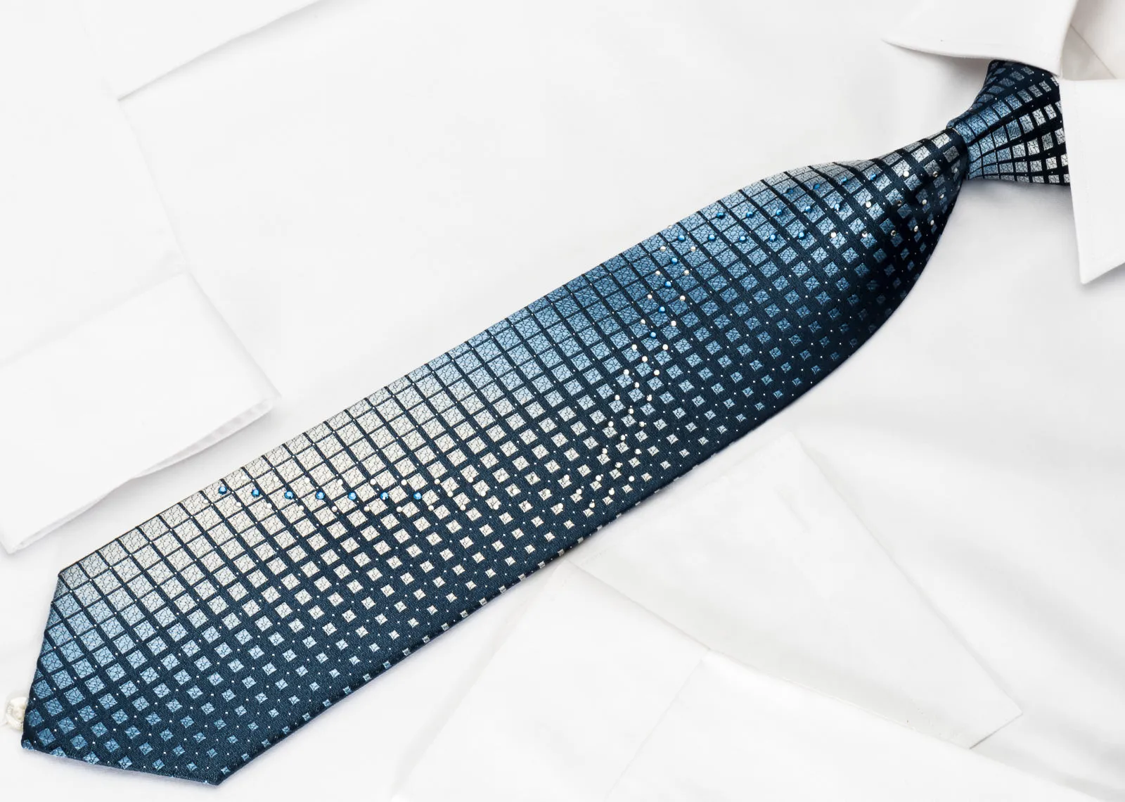 Galaxy Silk Rhinestone Necktie Geometric On Blue With Silver Sparkles