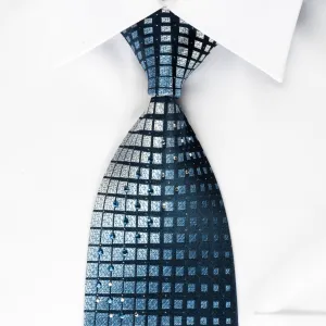 Galaxy Silk Rhinestone Necktie Geometric On Blue With Silver Sparkles